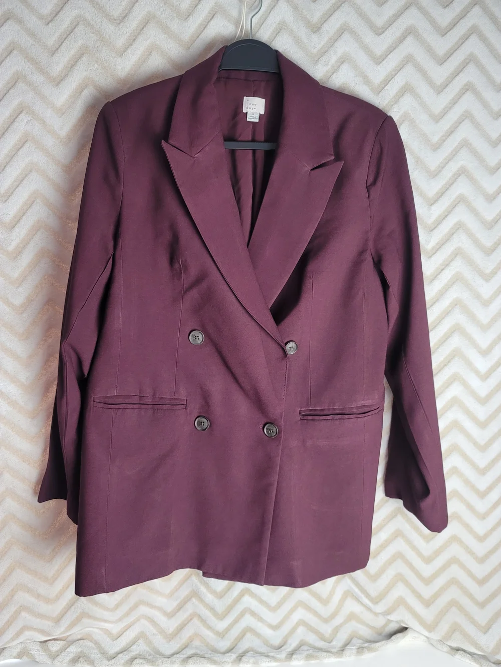 Wool-Blend Double Breasted Blazer - Burgundy - Picture 2 of 7